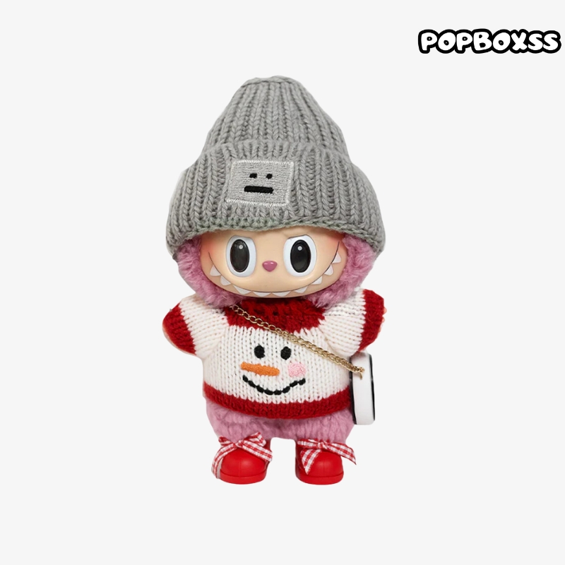 Labubu clothes Christmas Outfit - Grey Hat + Snowman White Top + Red Shoes + Bag - POPBOXSS