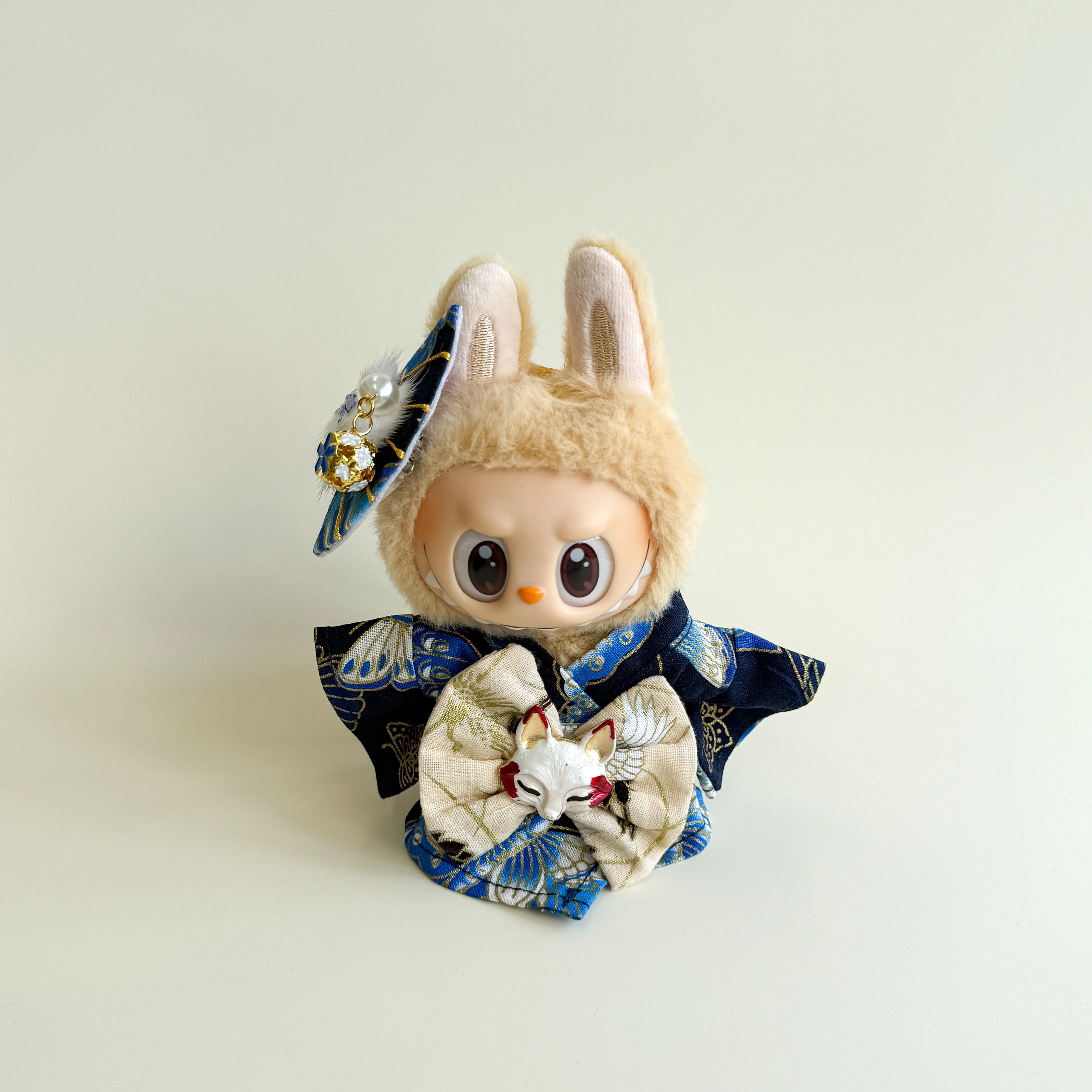 Labubu Kimono Set – Blue Crane Pattern with Fox Mask Bow - POPBOXSS