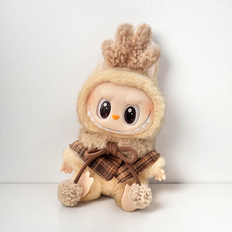 Labubu Cozy Reindeer Costume Set - Beige Plush & Plaid Scarf Character Costume - POPBOXSS