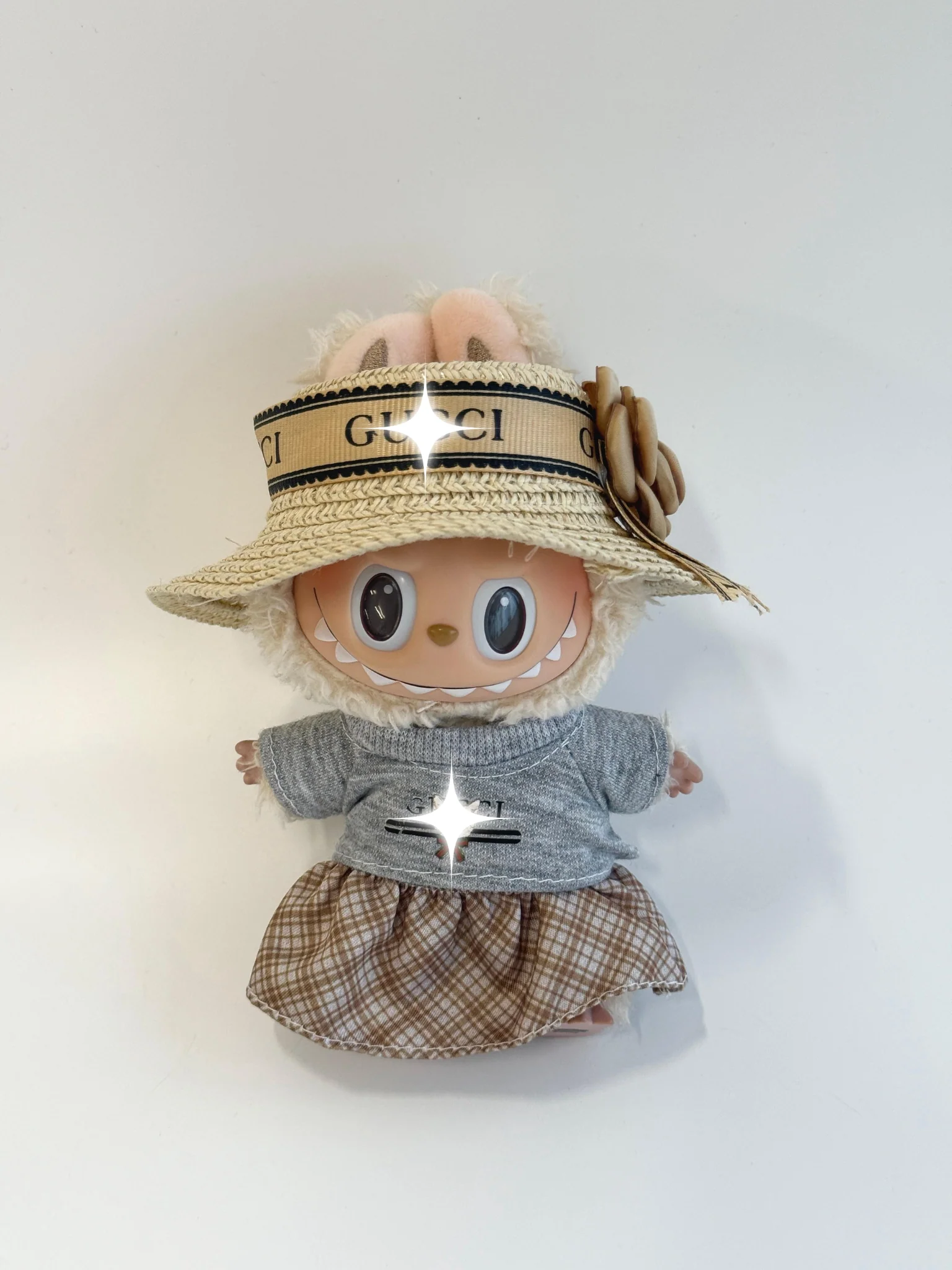 Labubu Resort Chic Outfit Set with Straw Hat & Plaid Skirt - POPBOXSS