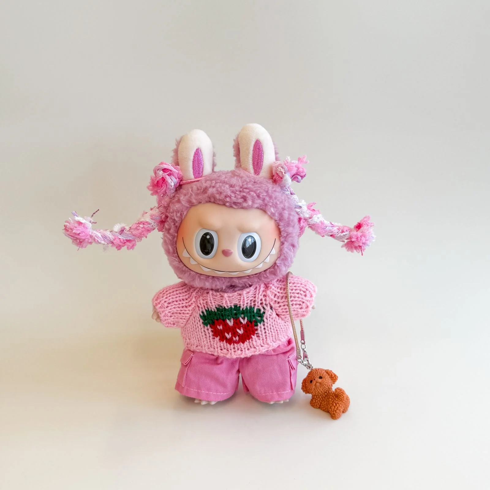 Labubu Strawberry Pink Outfit – Braid Hood Style with Puppy Companion - POPBOXSS