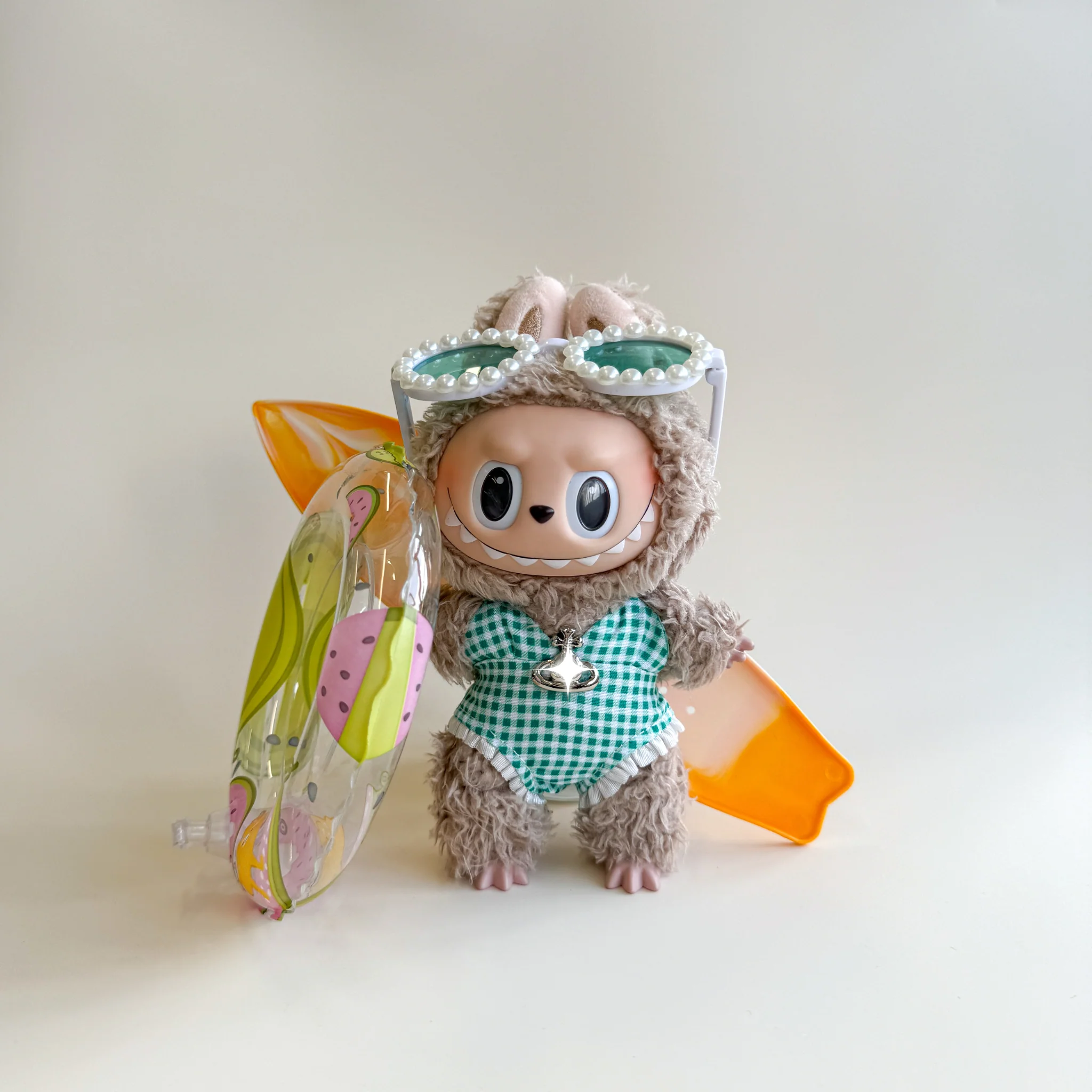 Labubu Green Summer Outfit – Gingham Beach Set (4 Items) - POPBOXSS