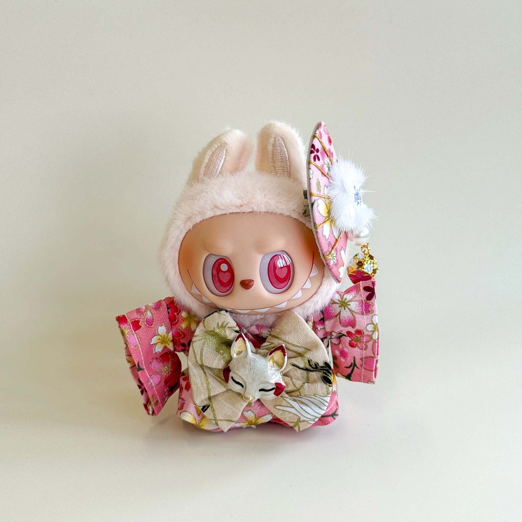 Labubu Kimono Set – Pink Cherry Blossom with Fox Mask Bow - POPBOXSS