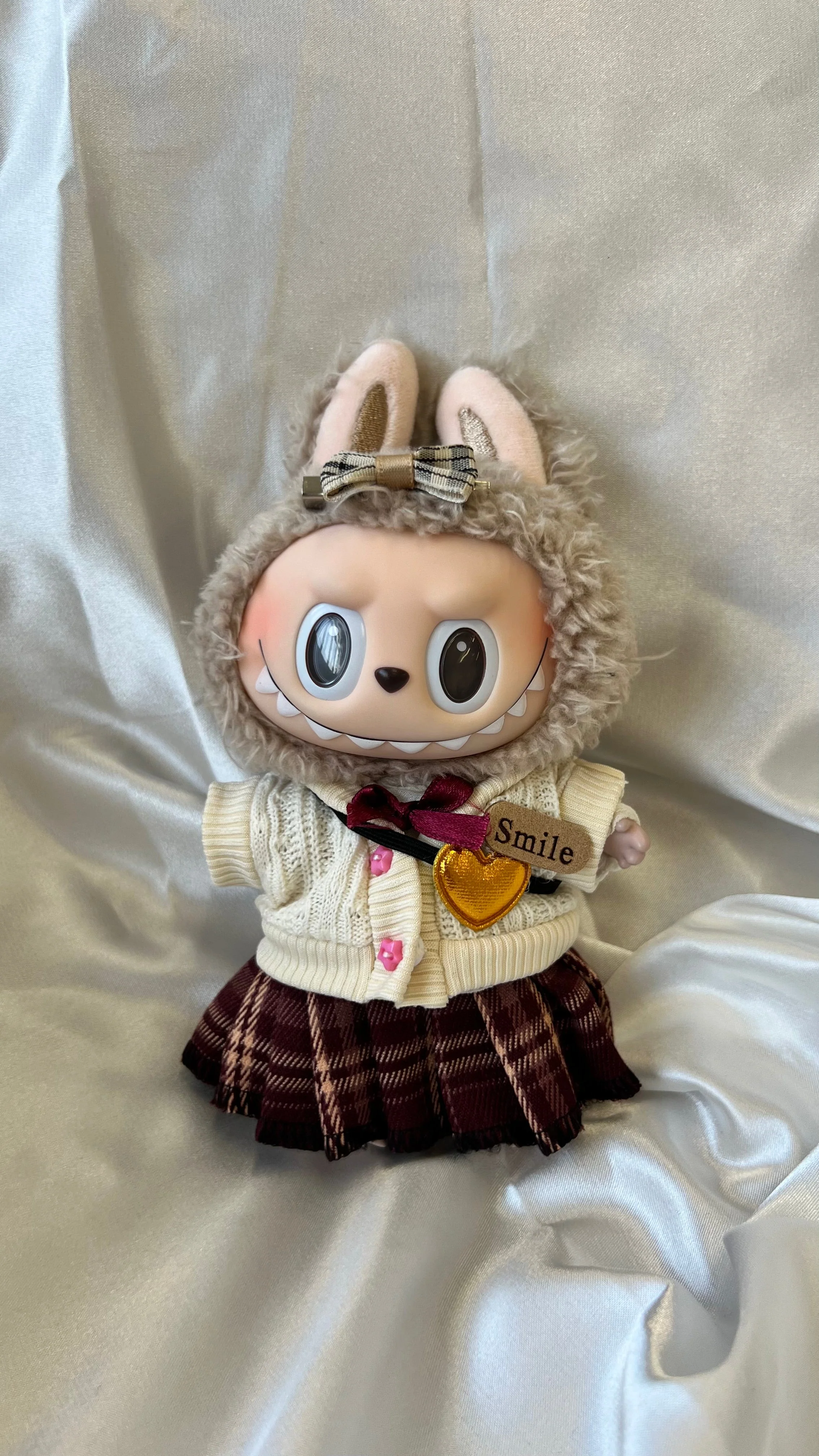 Labubu School Preppy Set - Cream Knit Cardigan & Plaid Skirt with Bow - POPBOXSS