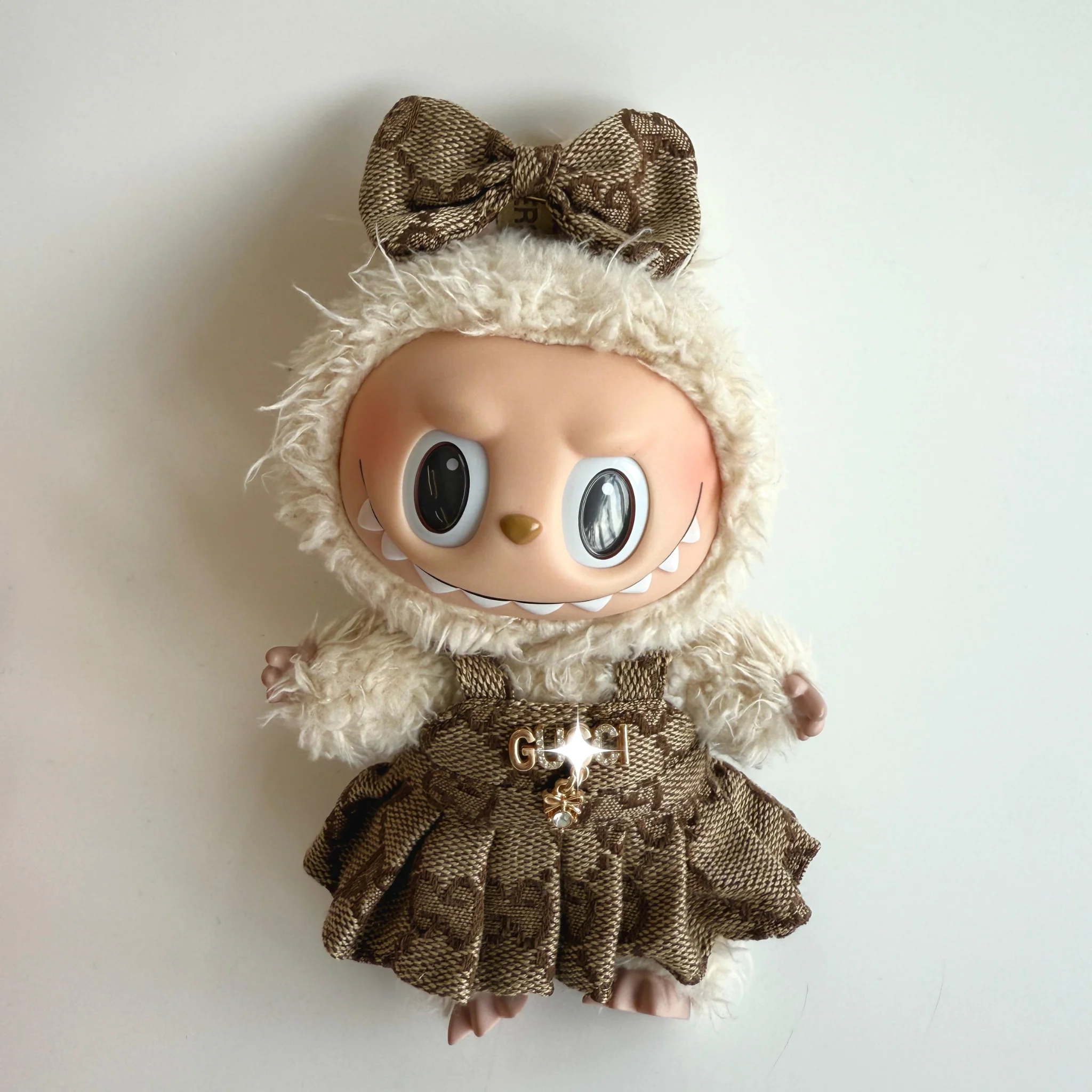 Labubu Brown Monogram Dress Outfit – Bow & Pleated Skirt Set - POPBOXSS