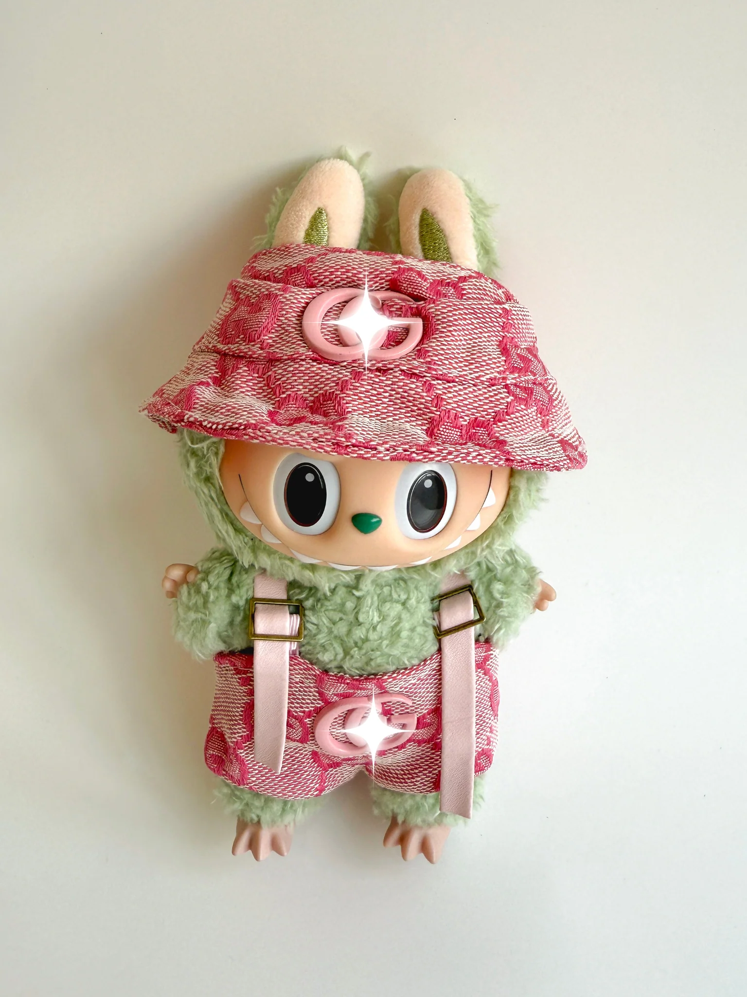 Labubu Pink Monogram Outfit Set – Bucket Hat & Overalls - POPBOXSS