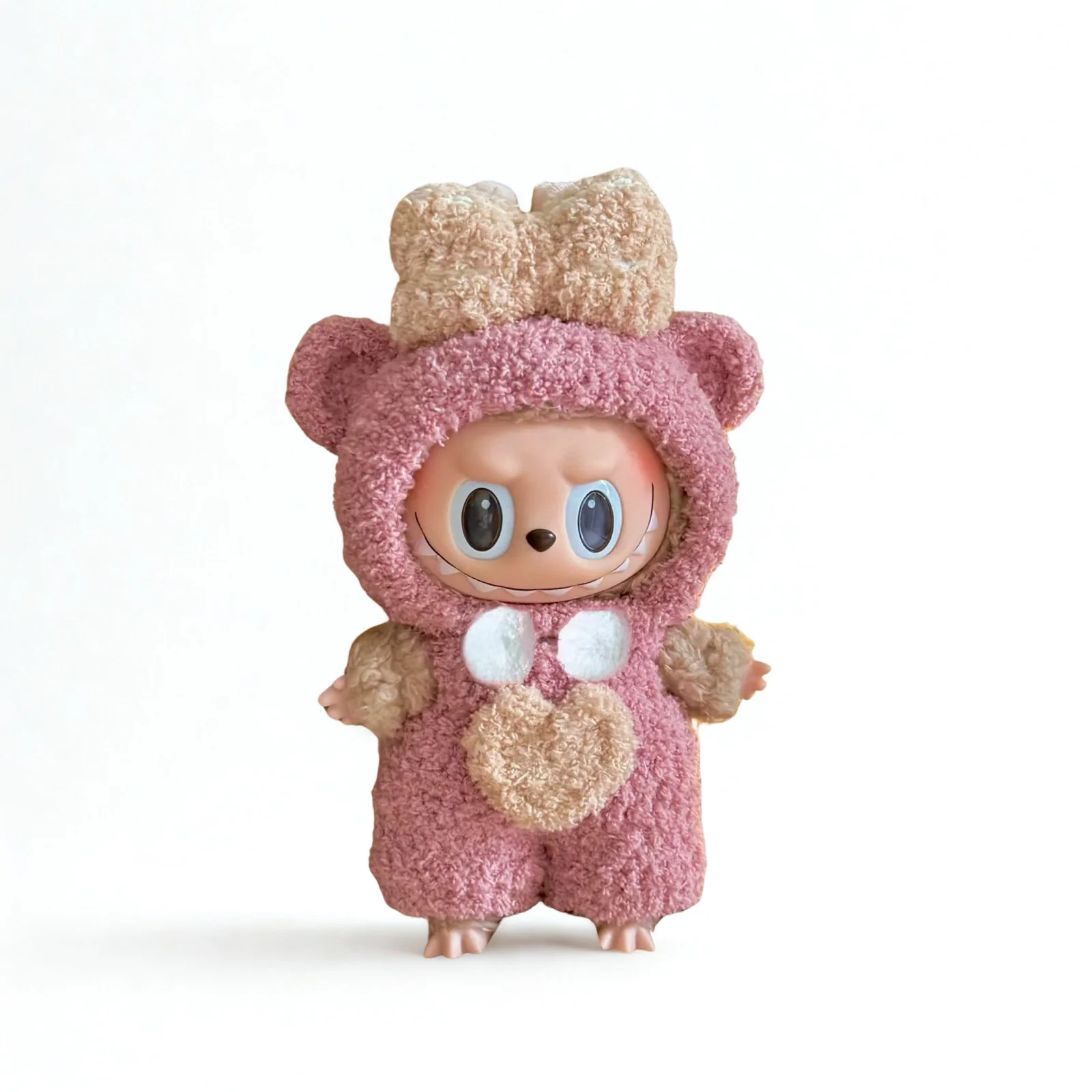 Labubu Pink Bear Plush Outfit – With Heart Patch. Head Bow & Chest Fur Detail - POPBOXSS
