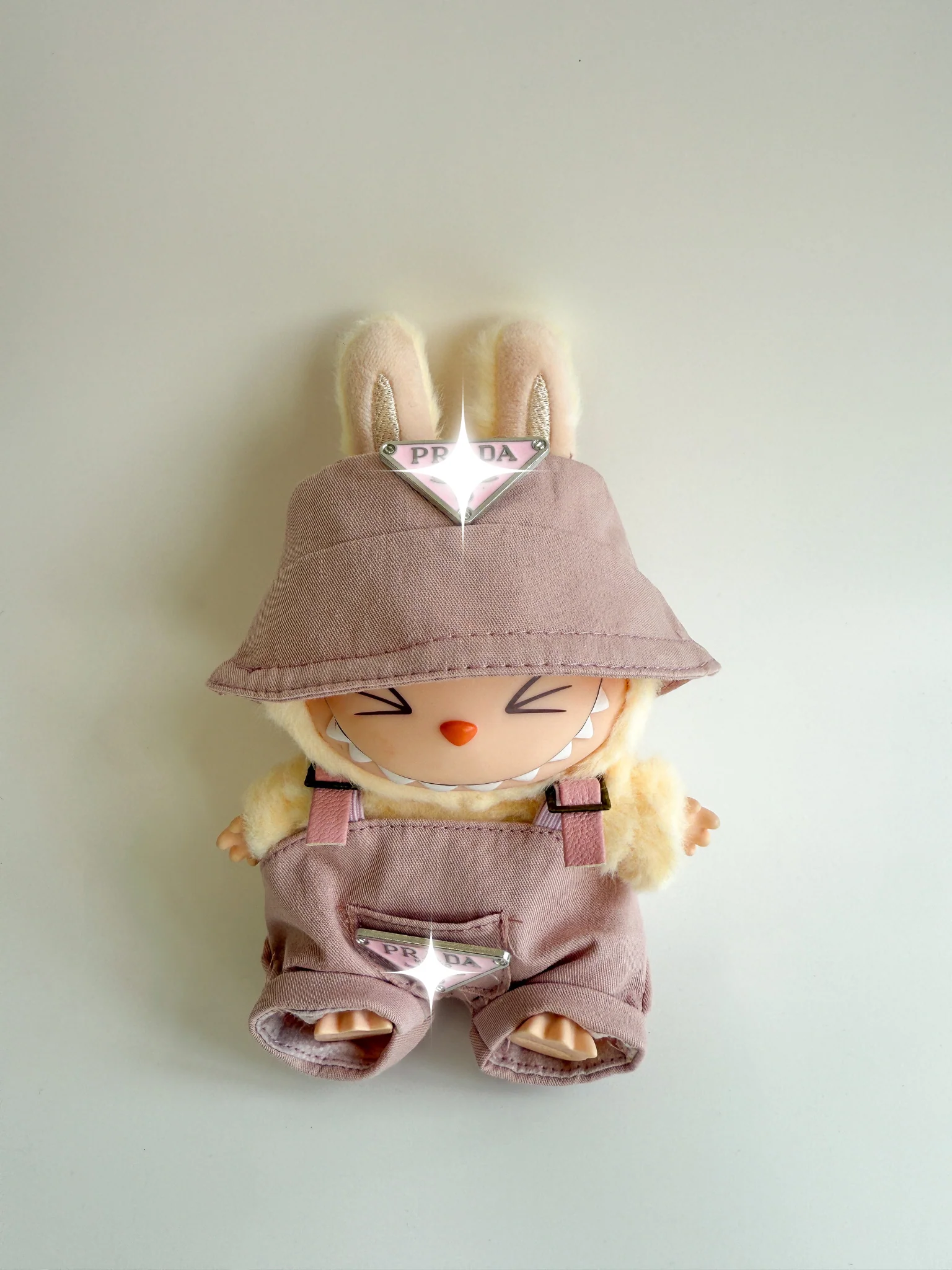 Labubu Pink Bucket Hat & Overalls Outfit – Triangle Detail Edition - POPBOXSS