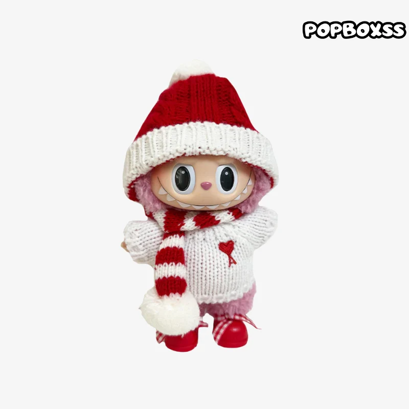 Labubu clothes Christmas Outfit - Red Hat + White Top + Red Scarf + Red Shoes - POPBOXSS