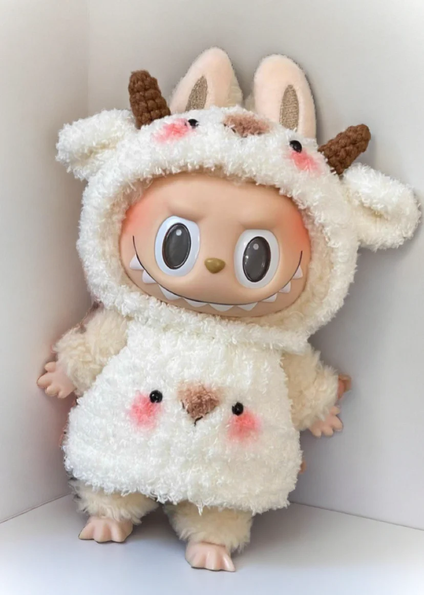 Labubu Fluffy Goat Costume Set - Cream White Onesie with Horns - POPBOXSS