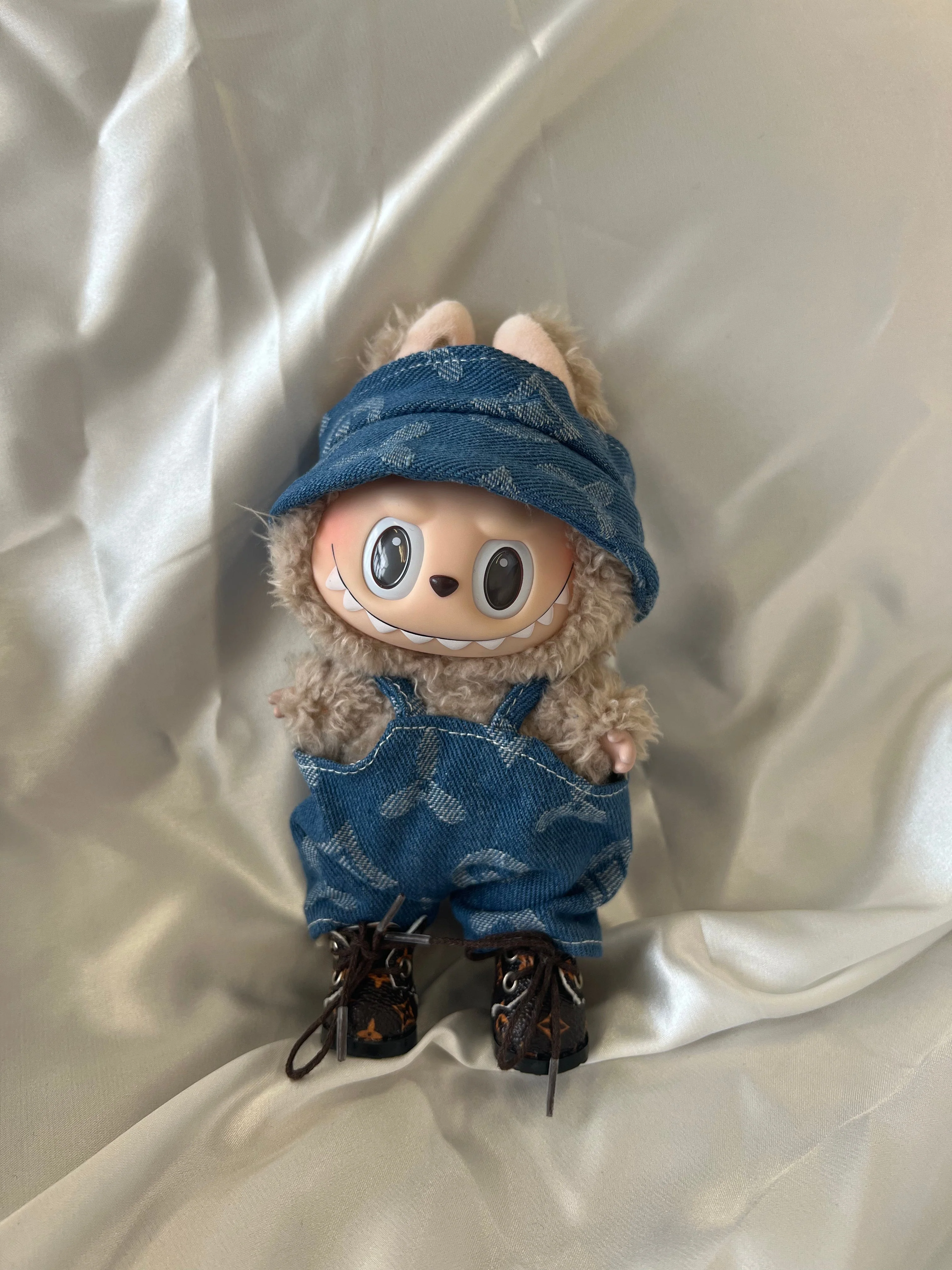 Labubu Blue Denim Monogram Outfit – Overalls & Hat Set - POPBOXSS