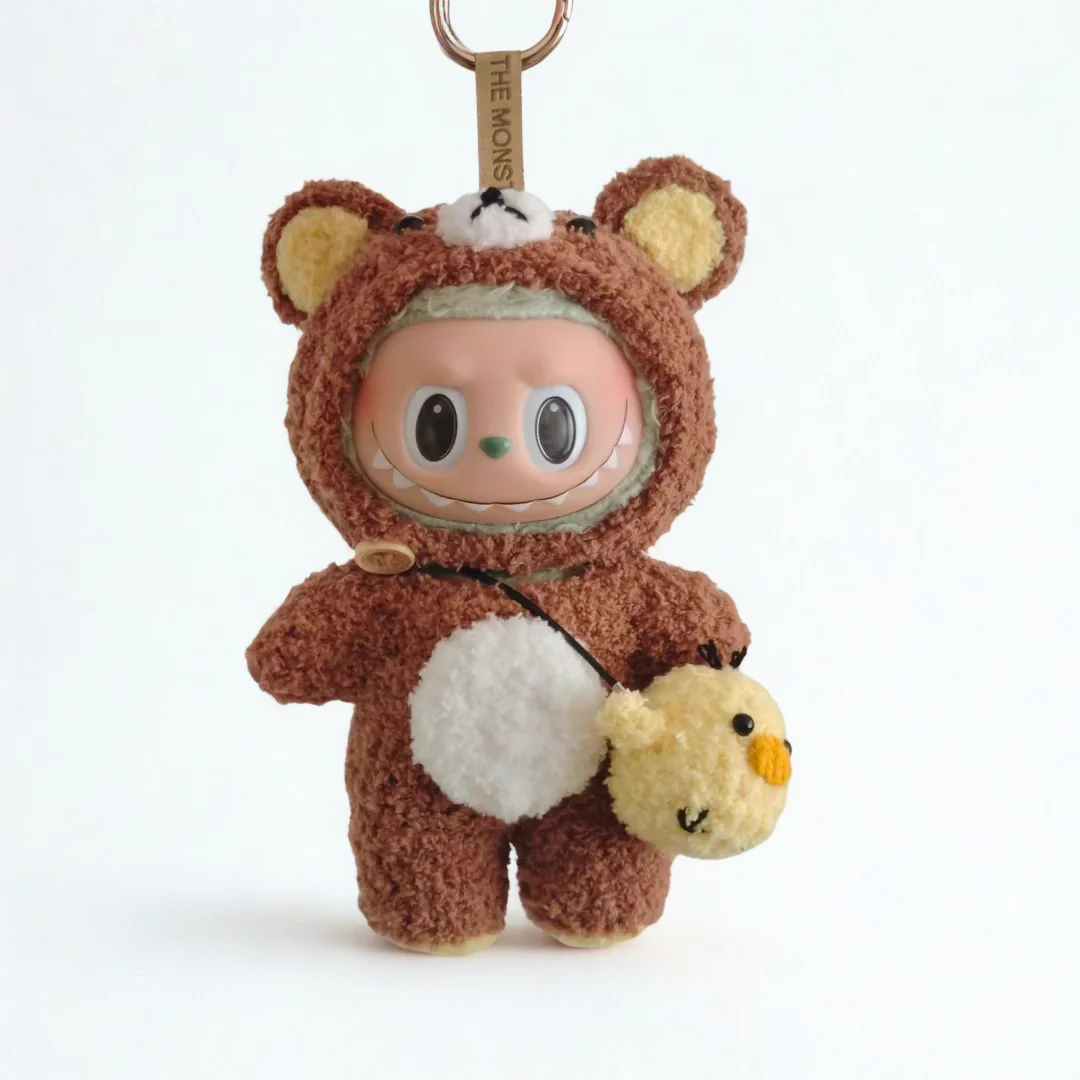 Labubu Bear Plush Outfit – Brown & White with Chick Bag - POPBOXSS