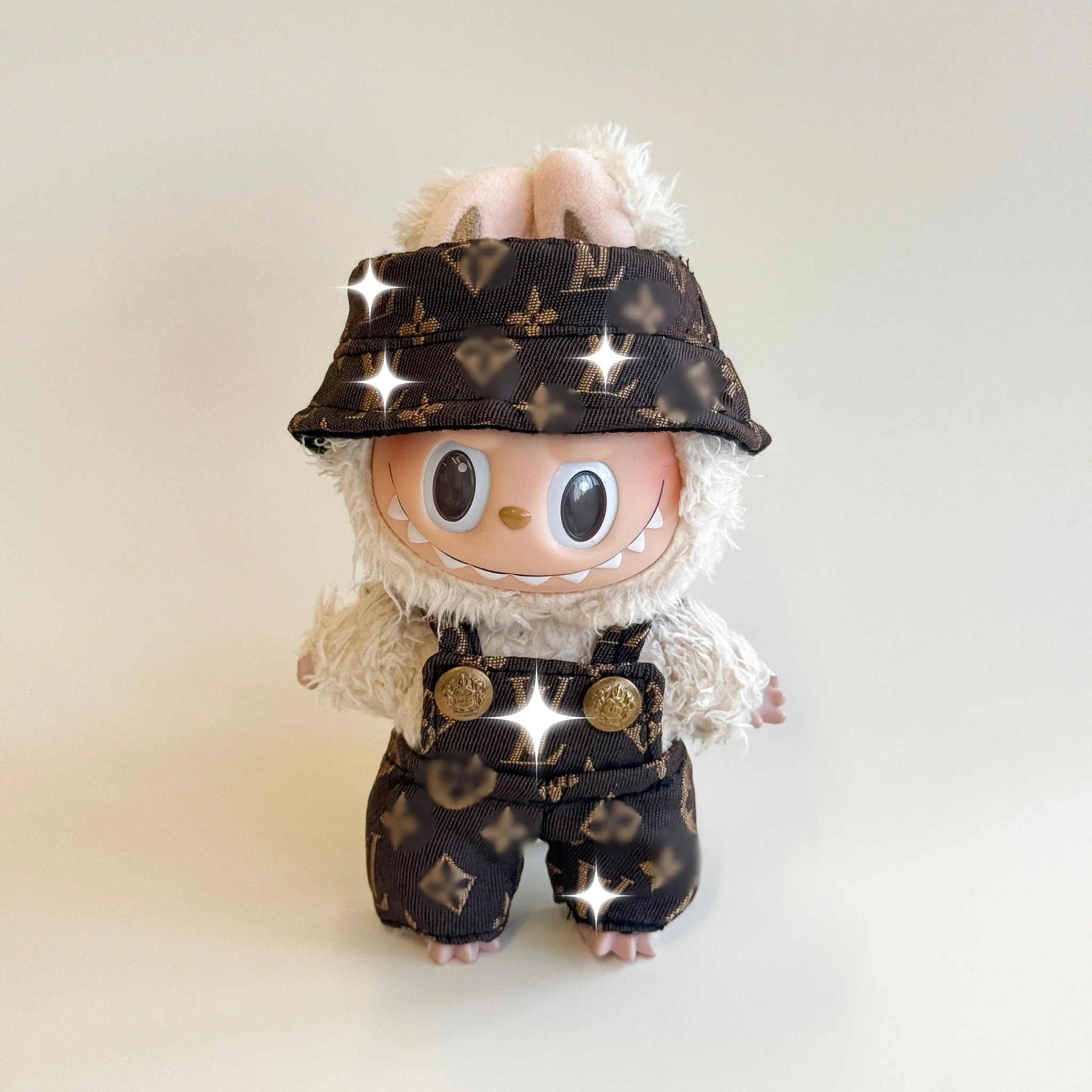 Labubu Dark Monogram Denim Outfit Set – Bucket Hat & Overalls - POPBOXSS