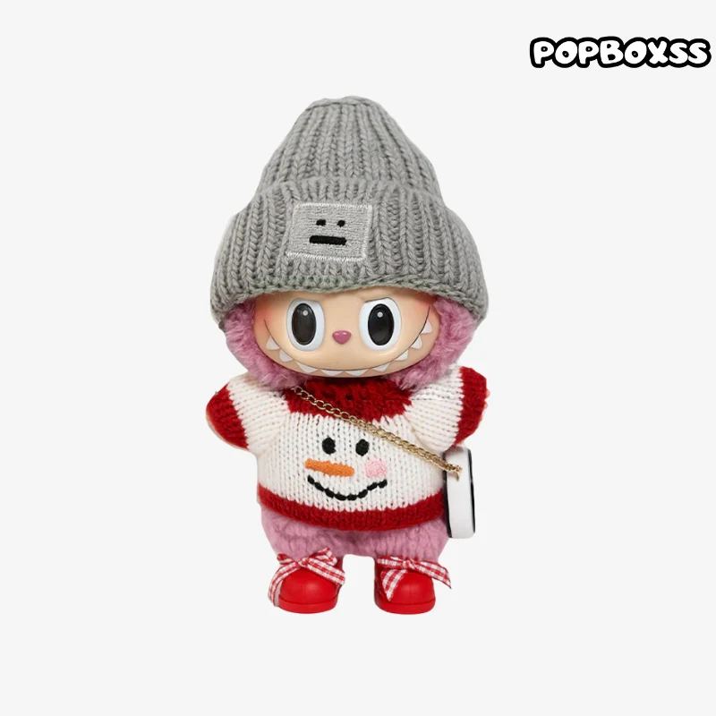 Labubu clothes Christmas Outfit - Grey Hat + Snowman White Top + Red Shoes + Bag - POPBOXSS